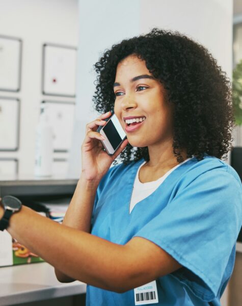 Phone call, nurse and black woman with computer in hospital for healthcare or telehealth. Medical,