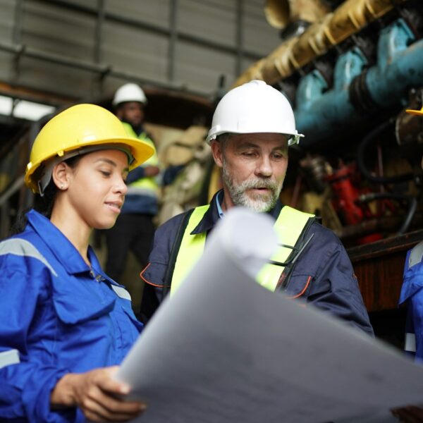 Portrait of engineer and apprentice in workshop of railway engineering facility