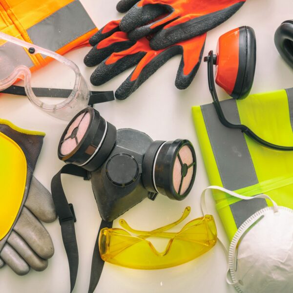 Work safety protection equipment background. Industrial protective gear on white